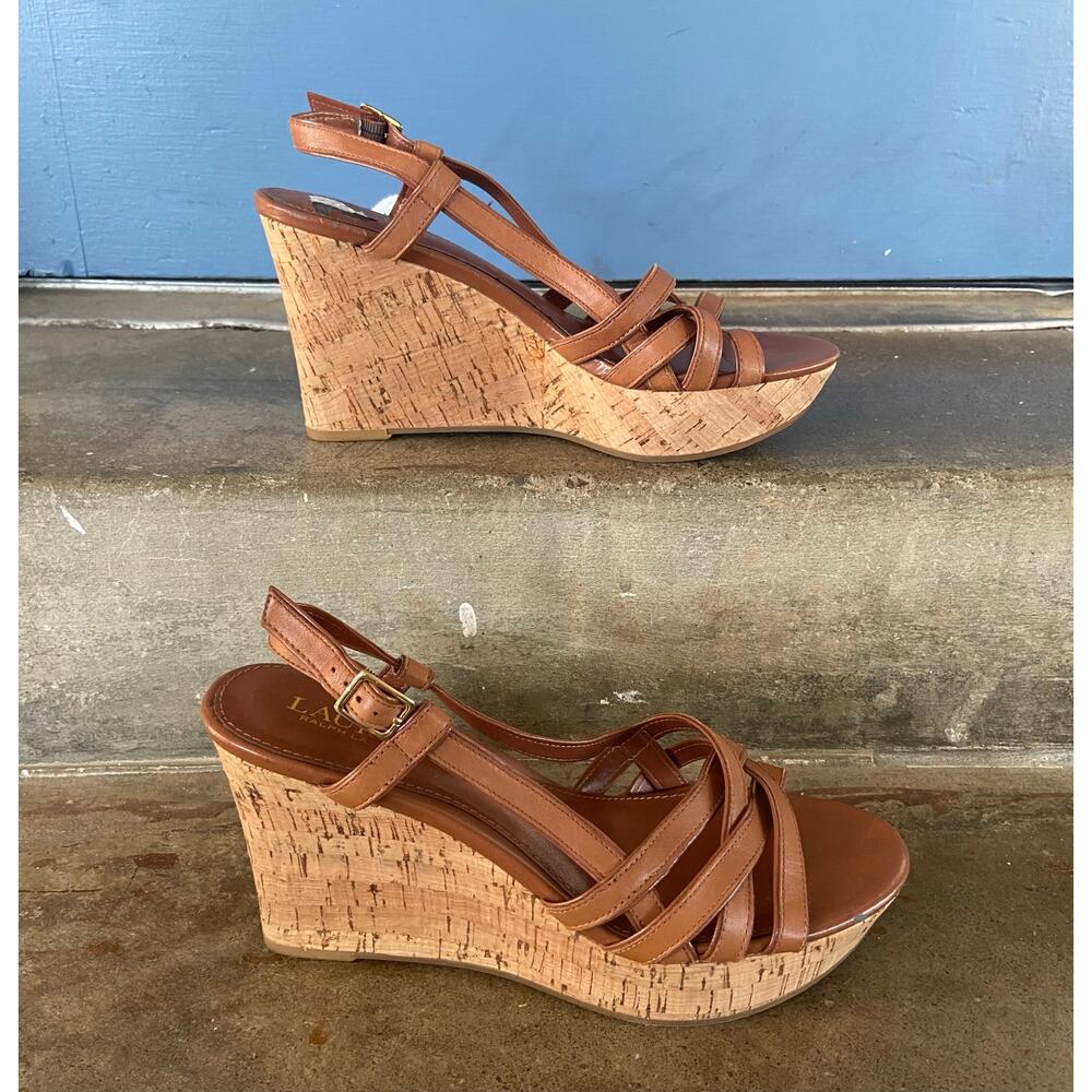 LAUREN Ralph Lauren brown slingback strappy cork wrapped platform wedge - Picture 2 of 8